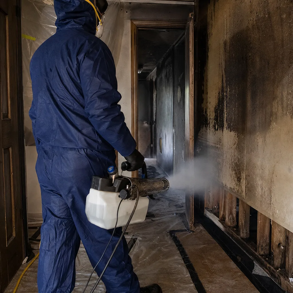 Restoration professional using fogging equipment for smoke and fire damage remediation