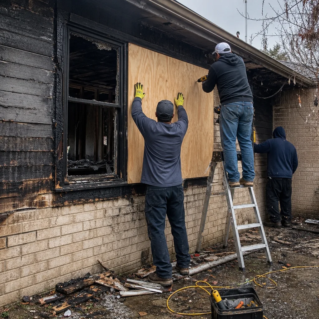 Workers performing professional fire damage restoration services at a damaged residential home.