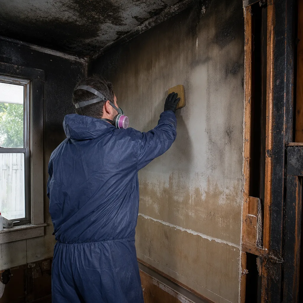 Professional in protective gear cleaning fire and smoke damage from wall