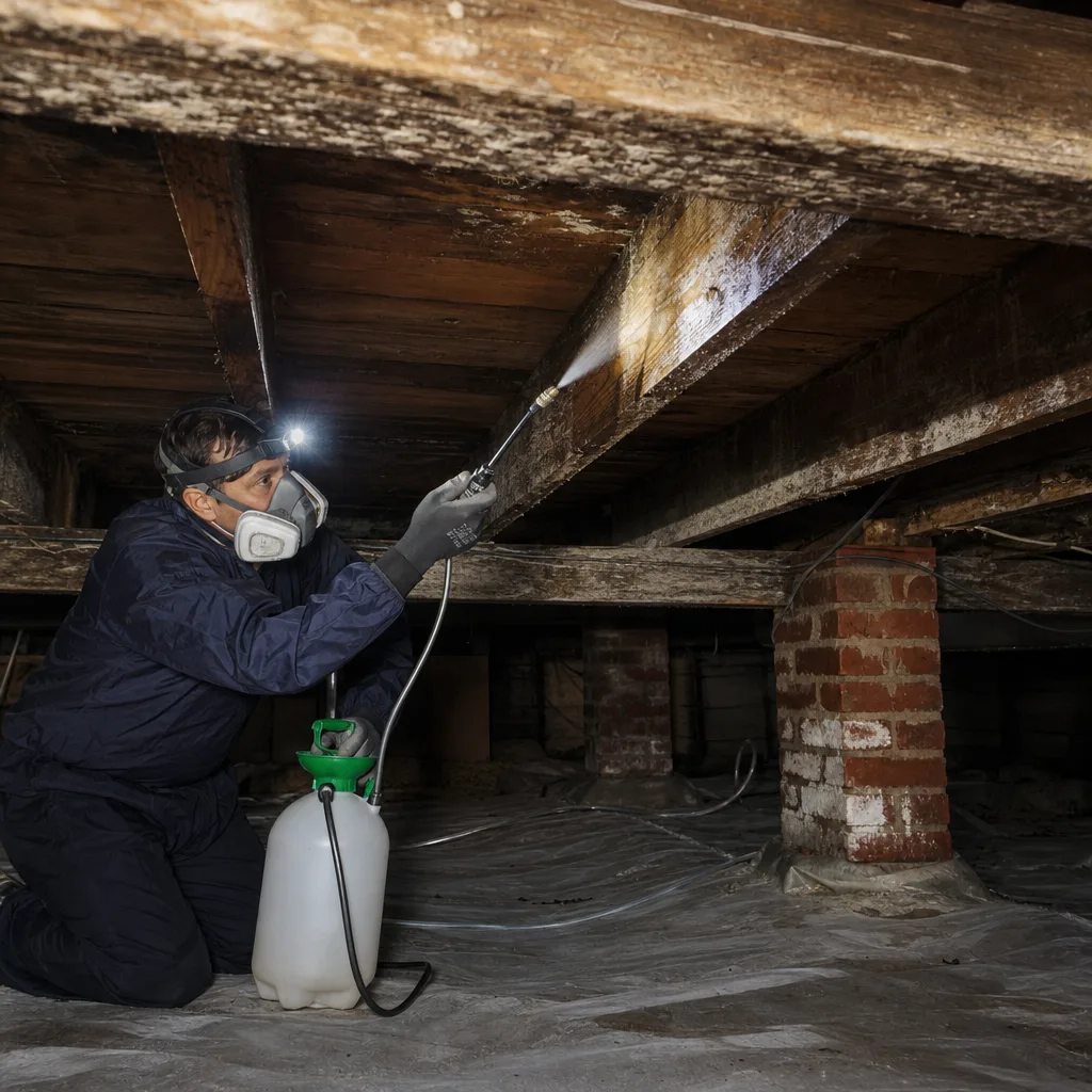 Technician in protective gear performing professional mold remediation in a crawl space
