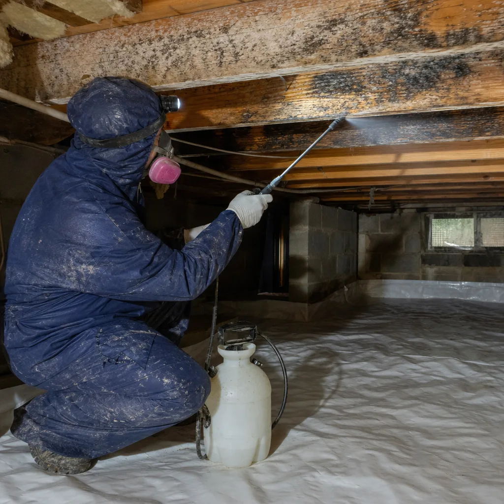 Technician in protective suit applying mold remediation spray to crawl space joists.