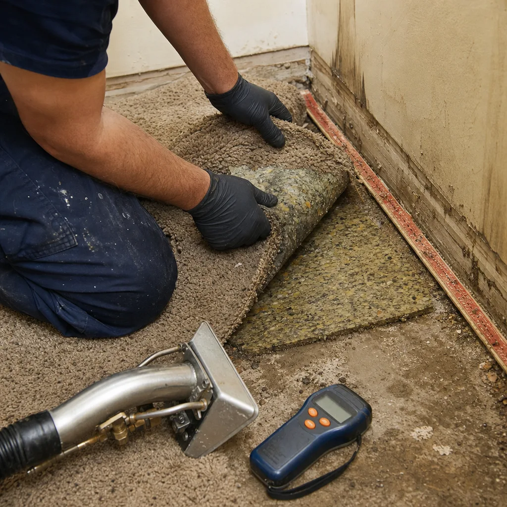 Professional technician inspecting water damaged carpet with moisture meter