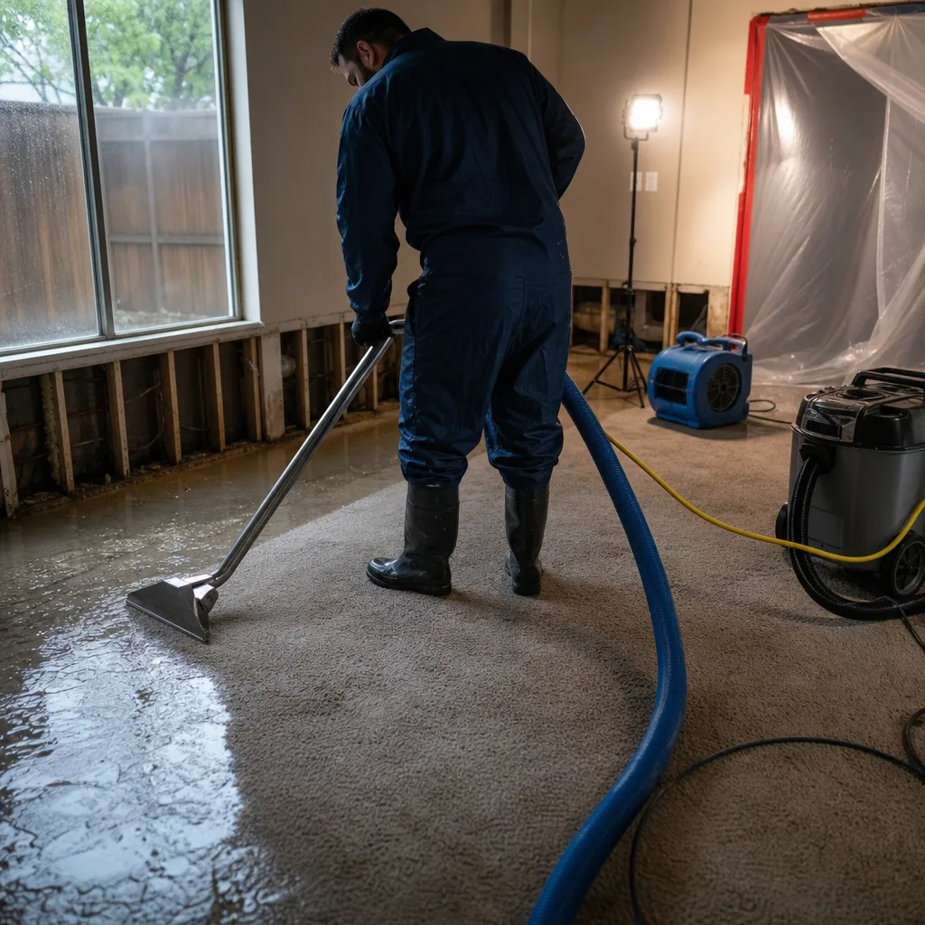 Technician performing professional water damage restoration and carpet water extraction